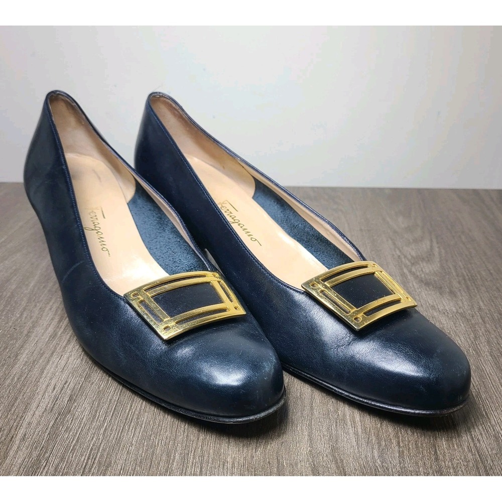 Vtg Salvatore Ferragamo Italian Heels Sz 10 Blue Leather Gold Buckle AAA Shoes